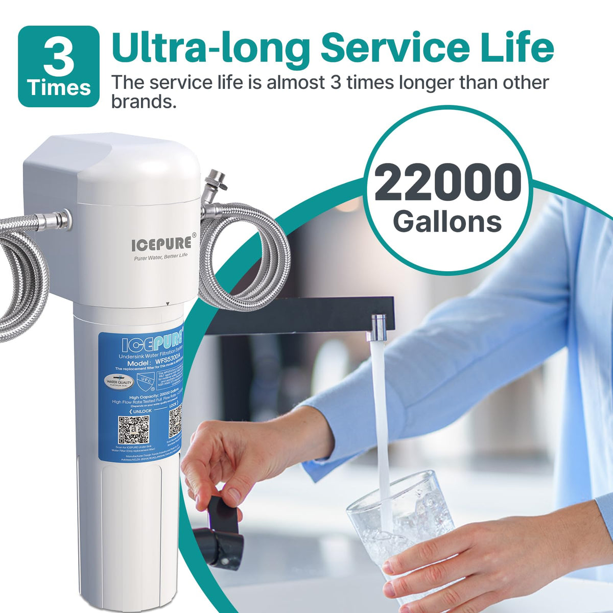 ICEPURE filter exterior design in a compact kitchen setup.