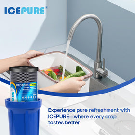 ICEPURE water sample before and after showing improved clarity
