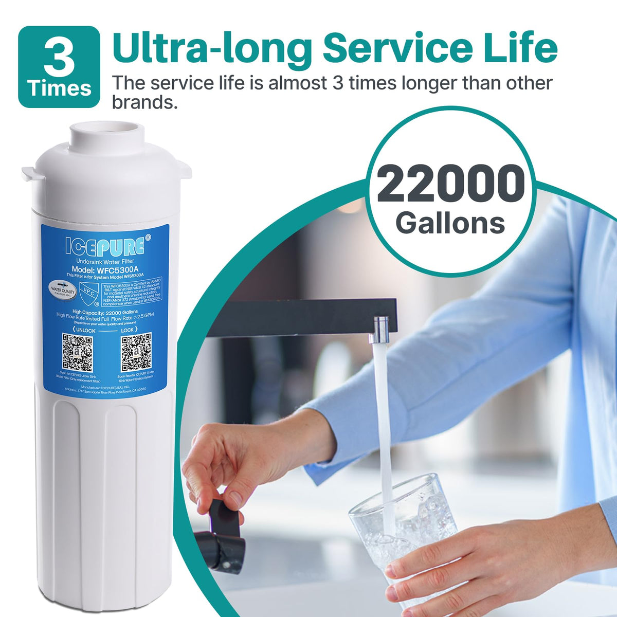 ICEPURE WFC5300A filter capacity highlight 22,000 gallons for long use