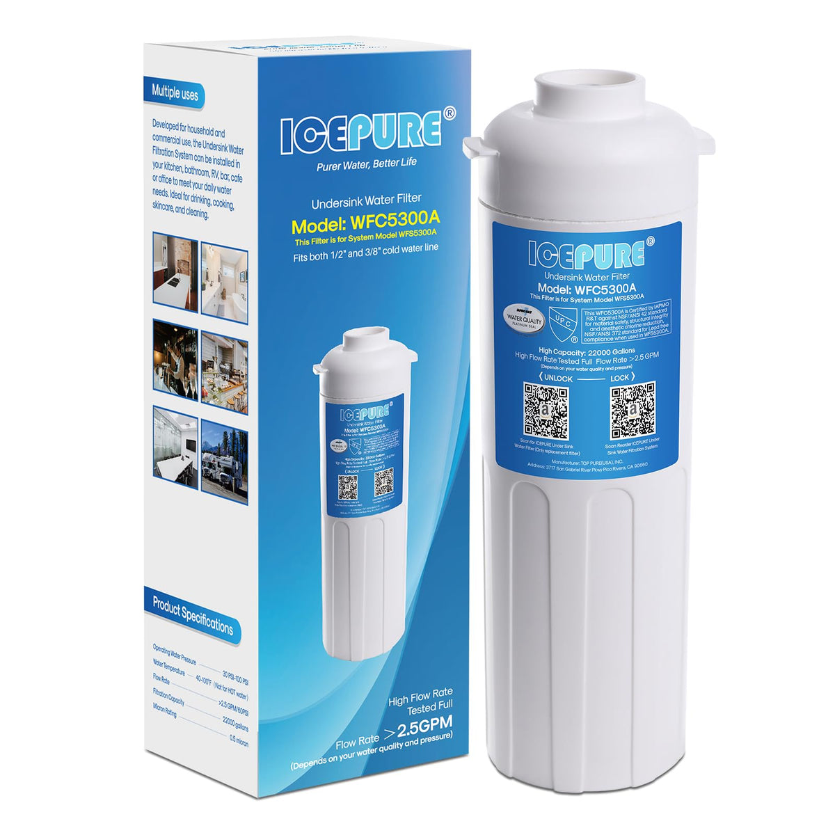 ICEPURE WFC5300A under sink filter front view showing compact design for easy access