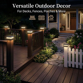 Icerona 4x4 solar post cap light mounted on wood post highlighting garden paths at night.