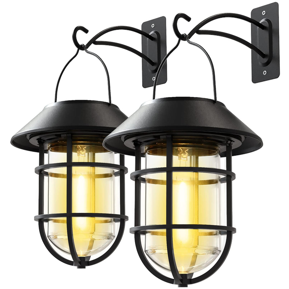 Icerona solar lantern hanging on a porch provides welcoming light with no wiring required.