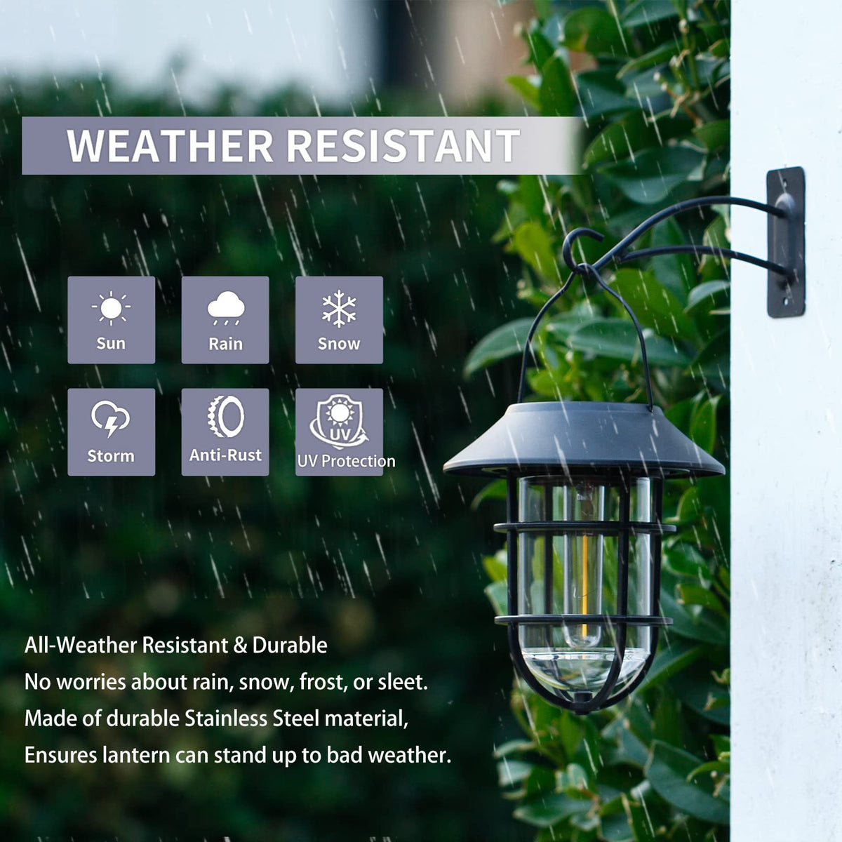 Icerona solar lantern installed with stainless steel hooks for porch mounting.