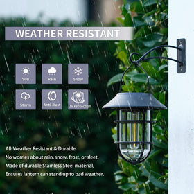 Icerona solar lantern installed with stainless steel hooks for porch mounting.