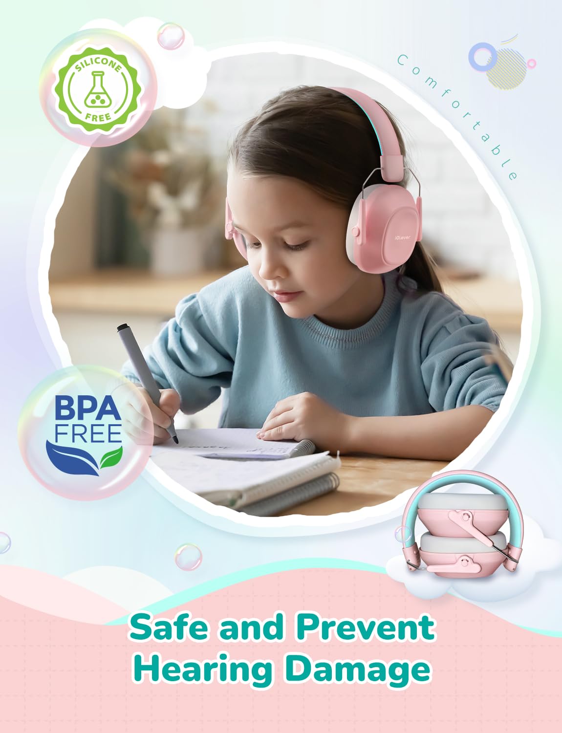 iClever ear muffs padding close-up, soft padding for extended use.