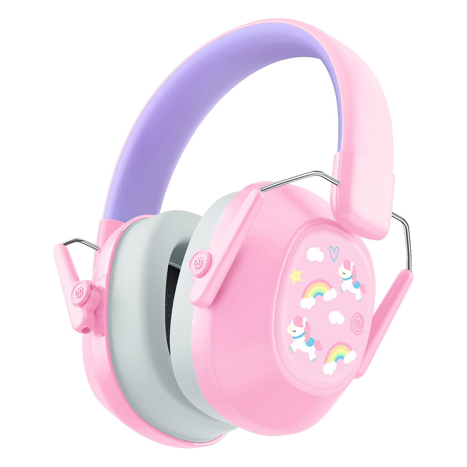 iClever kids' rainbow pony ear muffs with noise reduction for safe listening.