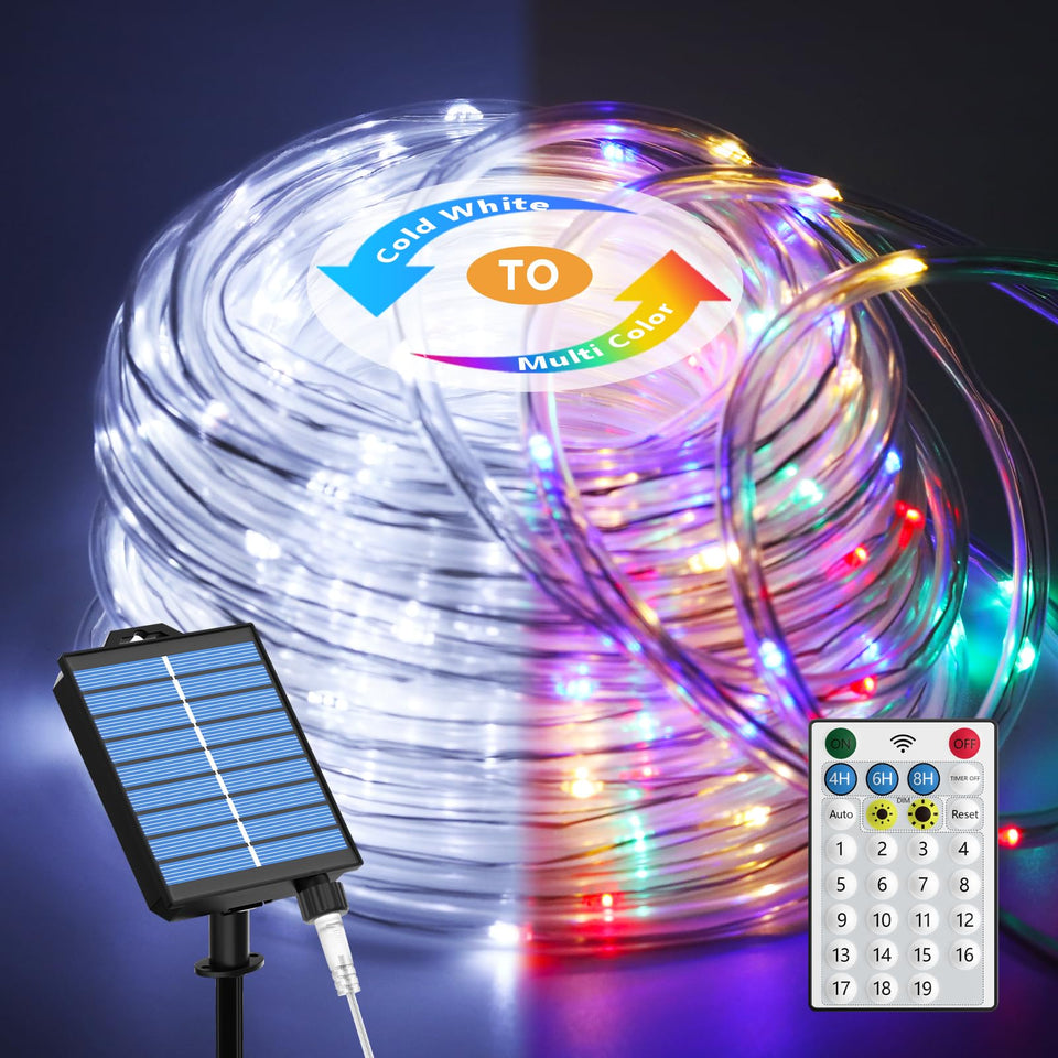 ICRGB outdoor solar lights show 66ft length for patio ambiance.