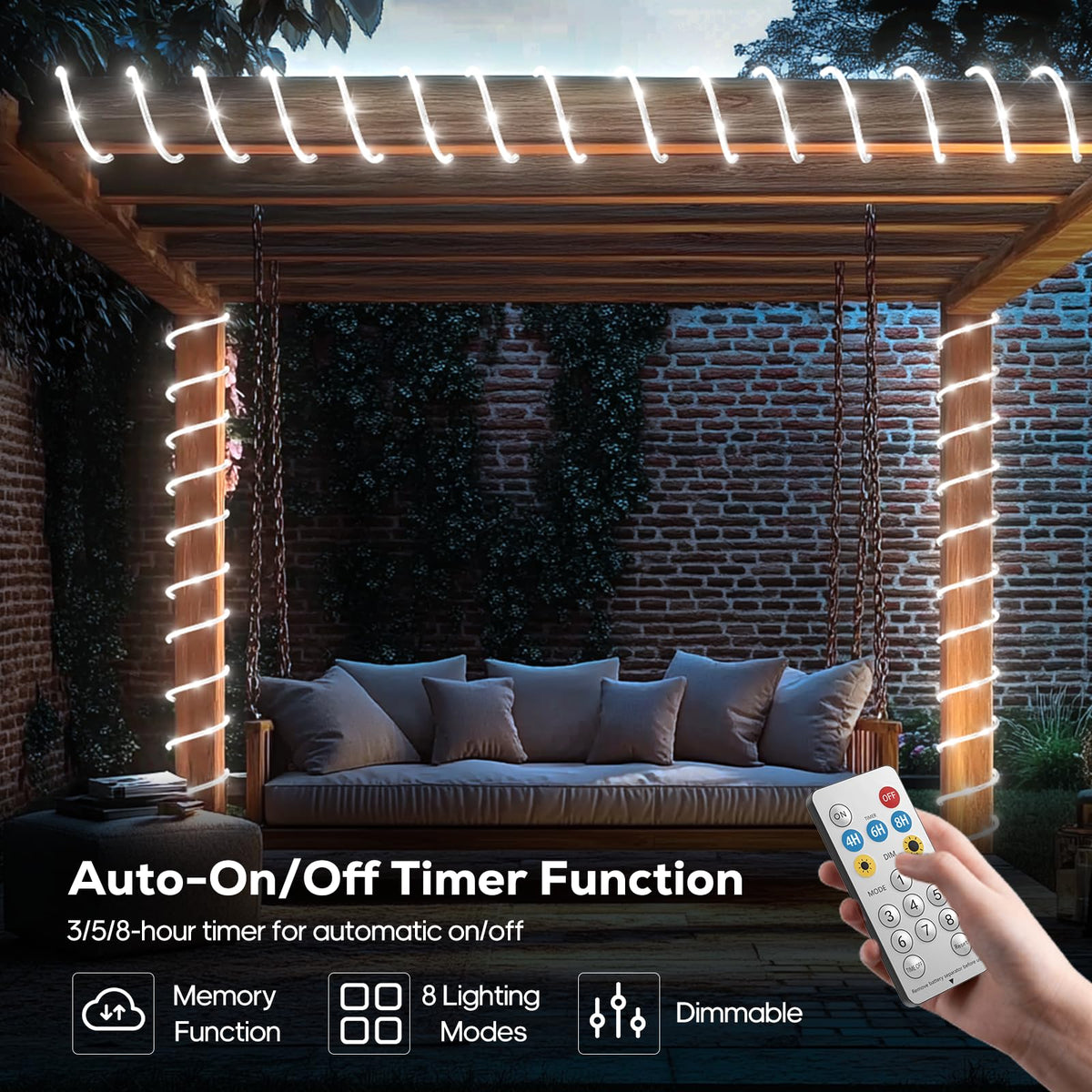 ICRGB IP67 waterproof rope lights withstand rain and humidity outdoors.