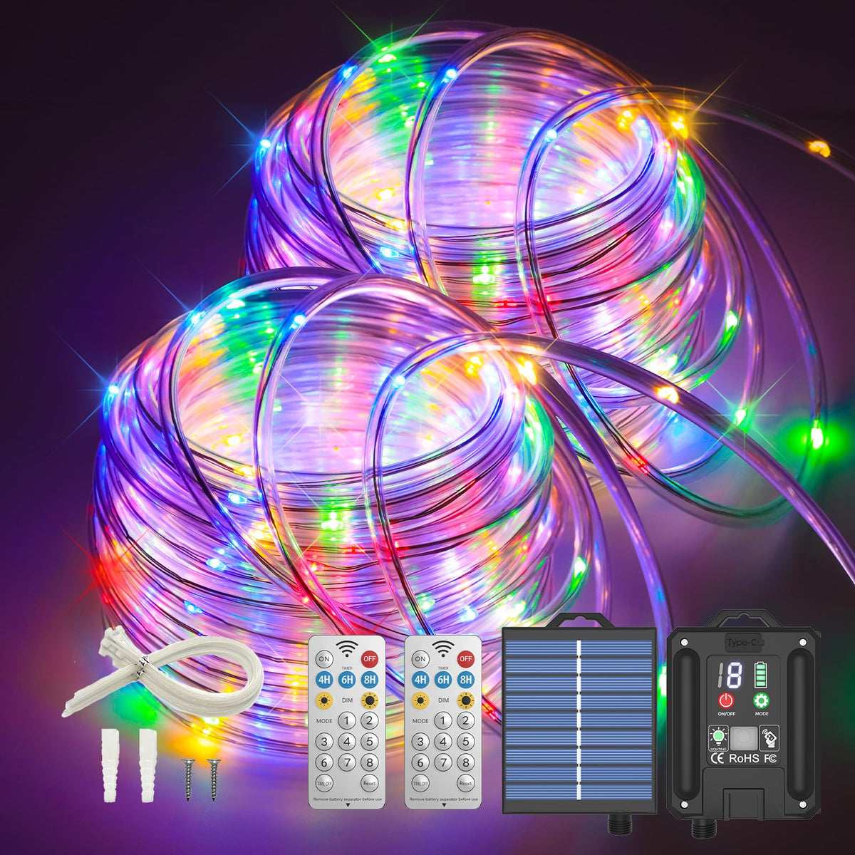 ICRGB Solar Rope Lights highlight outdoor 132ft length with multi-color LEDs for vibrant ambiance.