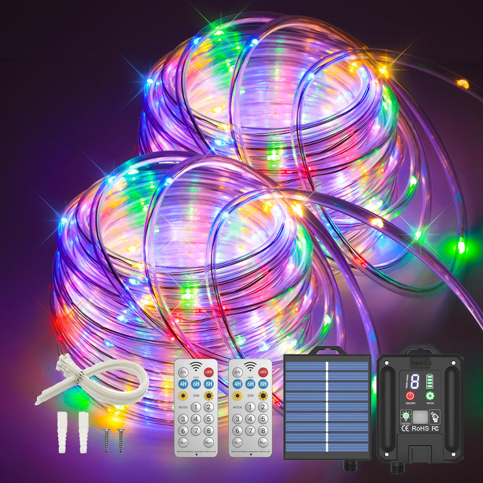 ICRGB Solar Rope Lights highlight outdoor 132ft length with multi-color LEDs for vibrant ambiance.