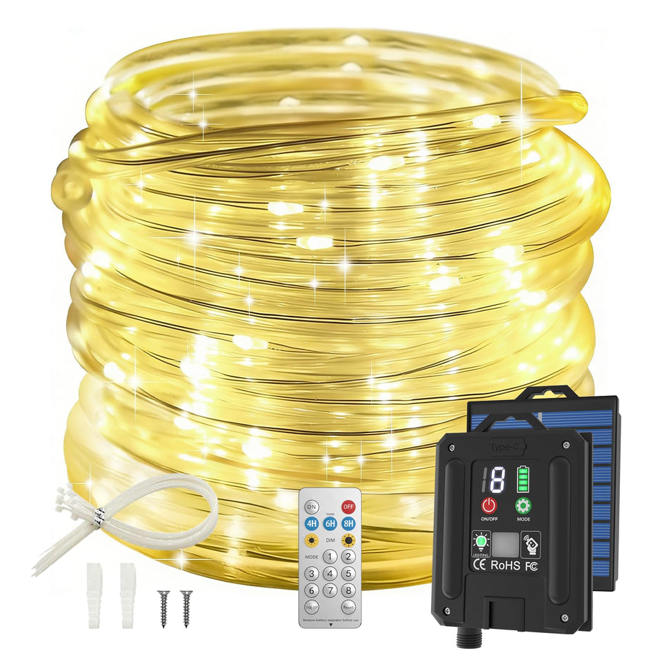 ICRGB solar rope lights outdoor 66ft illuminate garden edges with efficient LEDs.