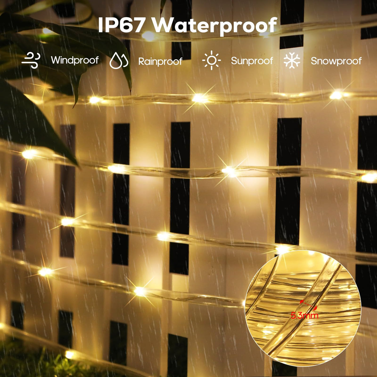 ICRGB transparent PVC cover protects lights for durable outdoor use.