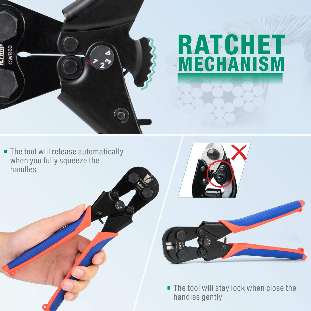 iCRIMP ratcheting mechanism locks for steady leverage.