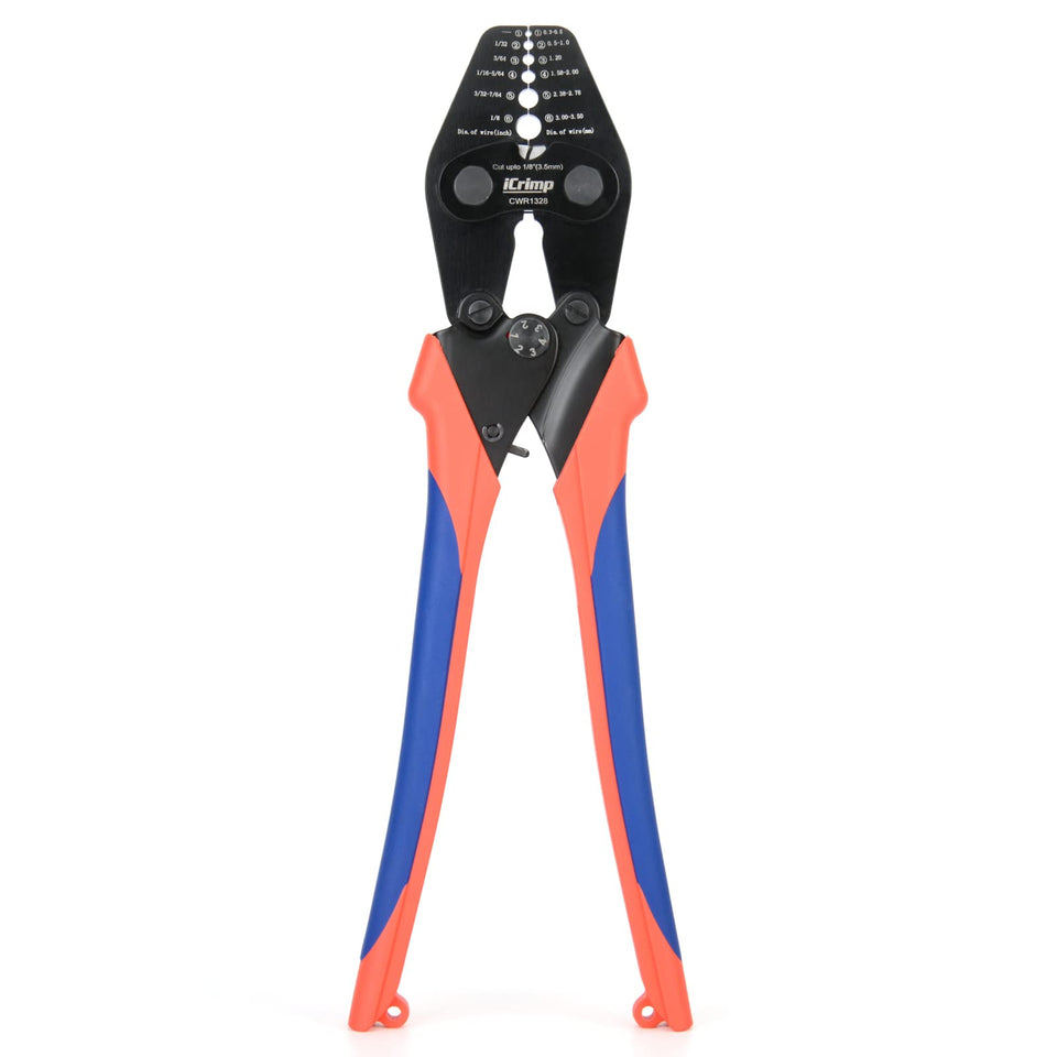 iCRIMP wire rope crimp tool with built-in cutter for easy railing work.