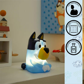 Idea Nuova Bluey Squishy Night Light on desk ready for portable mood lighting
