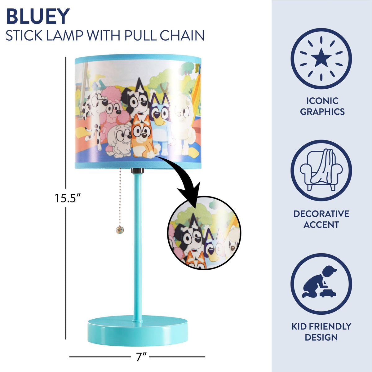 Idea Nuova Bluey lamp base is metal for durable bedside lighting.