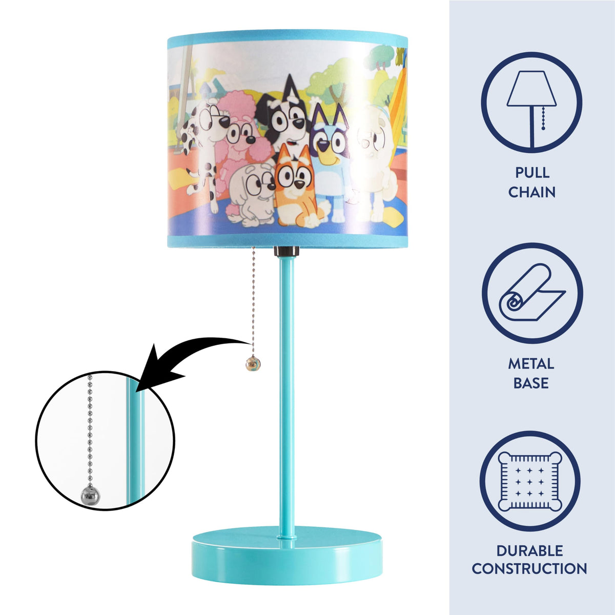 Bluey-themed lamp beside bed ideal for reading time in kids' room.