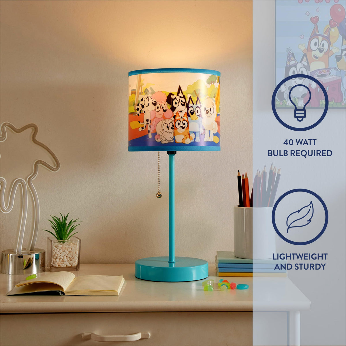 Bluey stick table lamp pull chain design simplifies turning on lights.