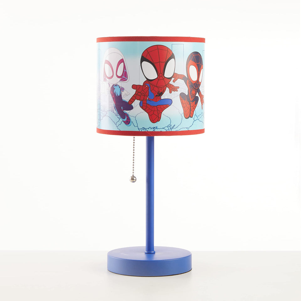 Idea Nuova Spidey shade lamp on a kid's bedside table, colorful night lighting