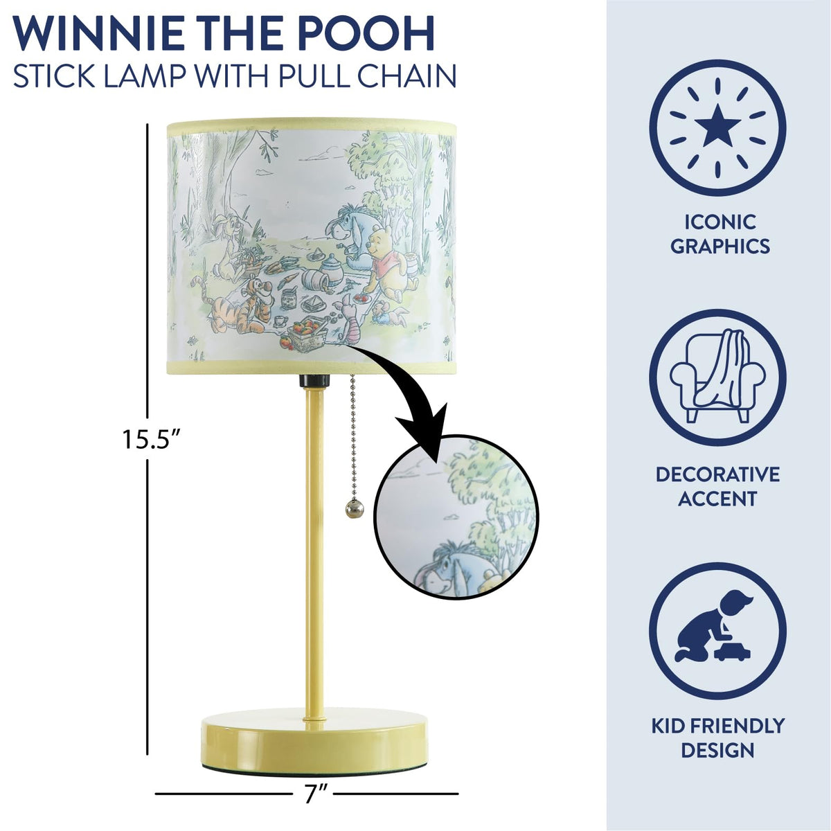 Idea Nuova Winnie Pooh bedroom setup lamp on nightstand provides warm lighting