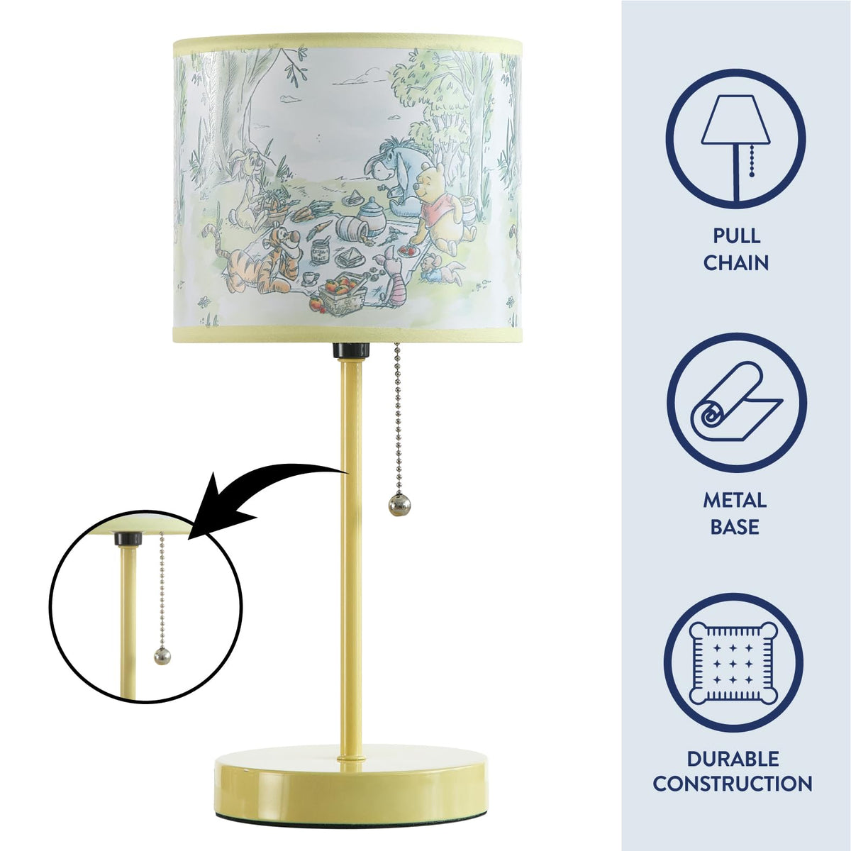 Idea Nuova Winnie the Pooh pull chain lamp offers easy access for bedtime routines