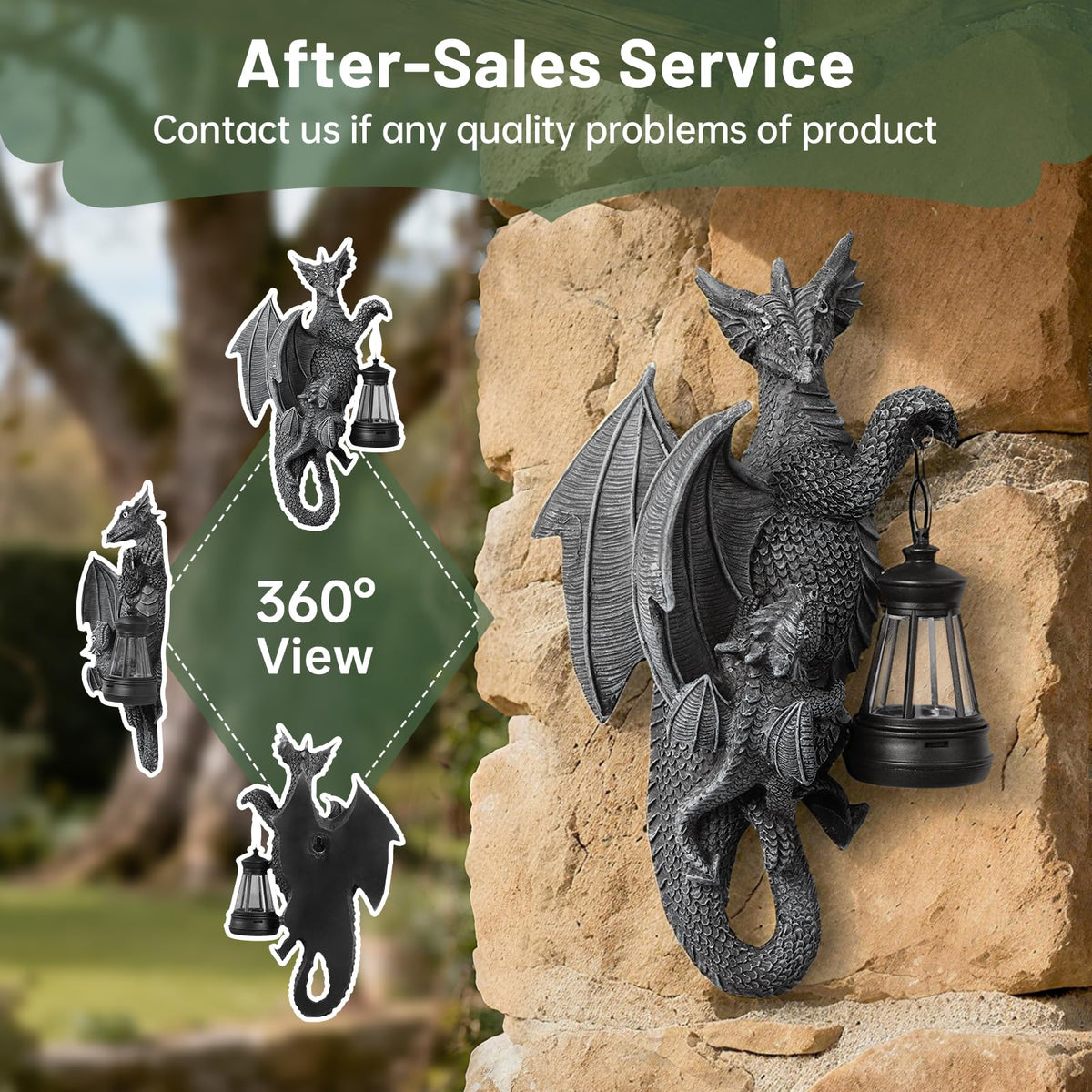 IDEA SHOW fantasy dragon figurine guards porch or tree with gentle illumination.