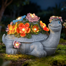 IDEA SHOW large solar turtle statue front view glowing in the garden