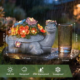 IDEA SHOW garden turtle statue on porch at dusk