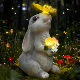 IDEA SHOW solar rabbit garden statue with butterfly LED lights for ambiance