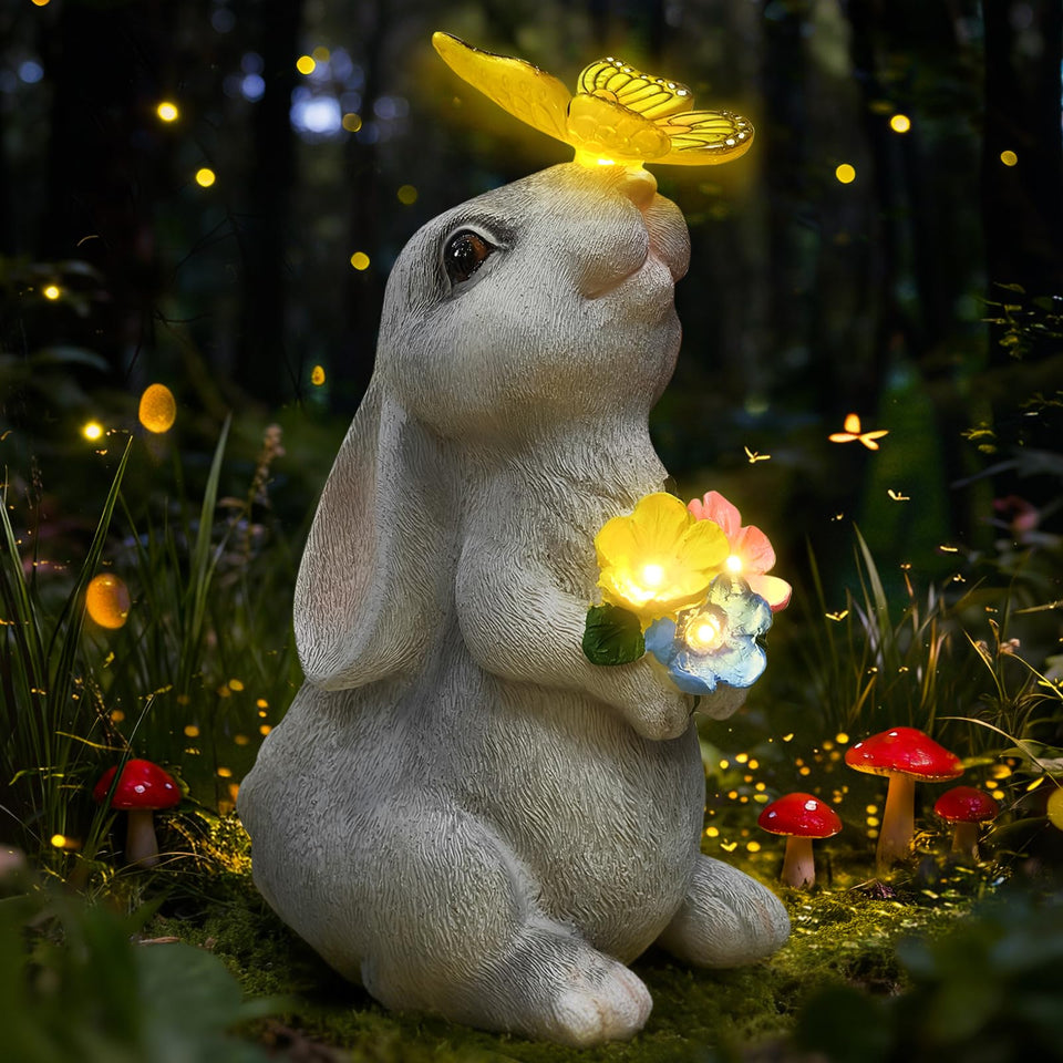 IDEA SHOW solar rabbit garden statue with butterfly LED lights for ambiance