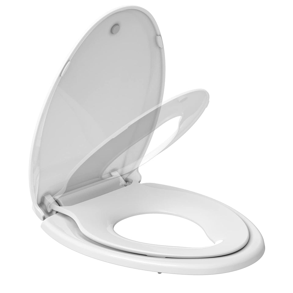 IDEALHOUSE 19-inch elongated seat close-up with soft-close hinge.