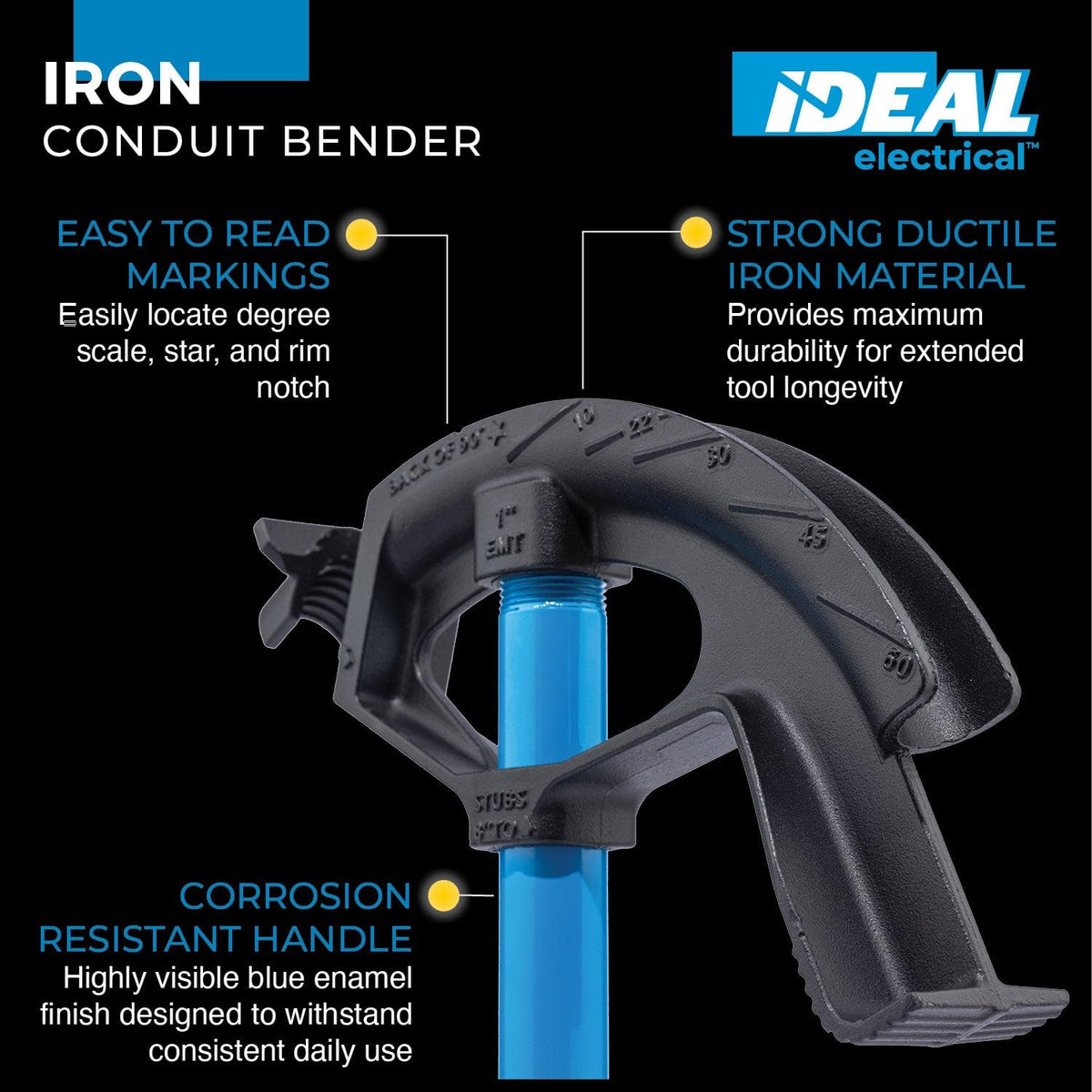 IDEAL conduit bender serrated steps prevent slippage during demanding bends.