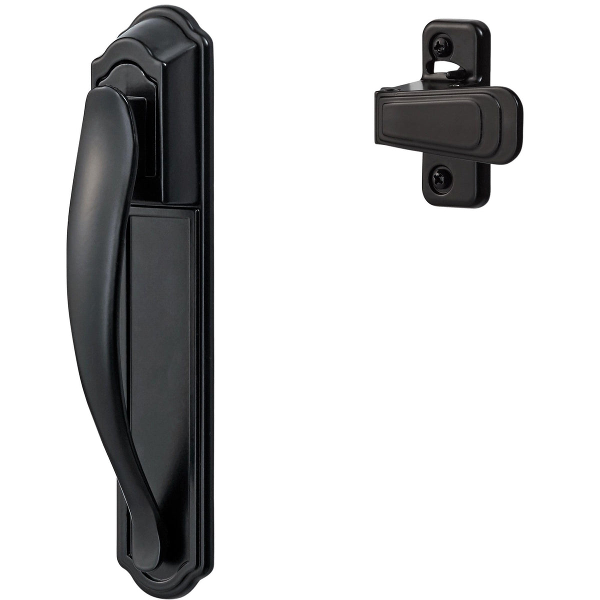 Ideal Security DX pull handle outside view with backplate for smooth storm door operation