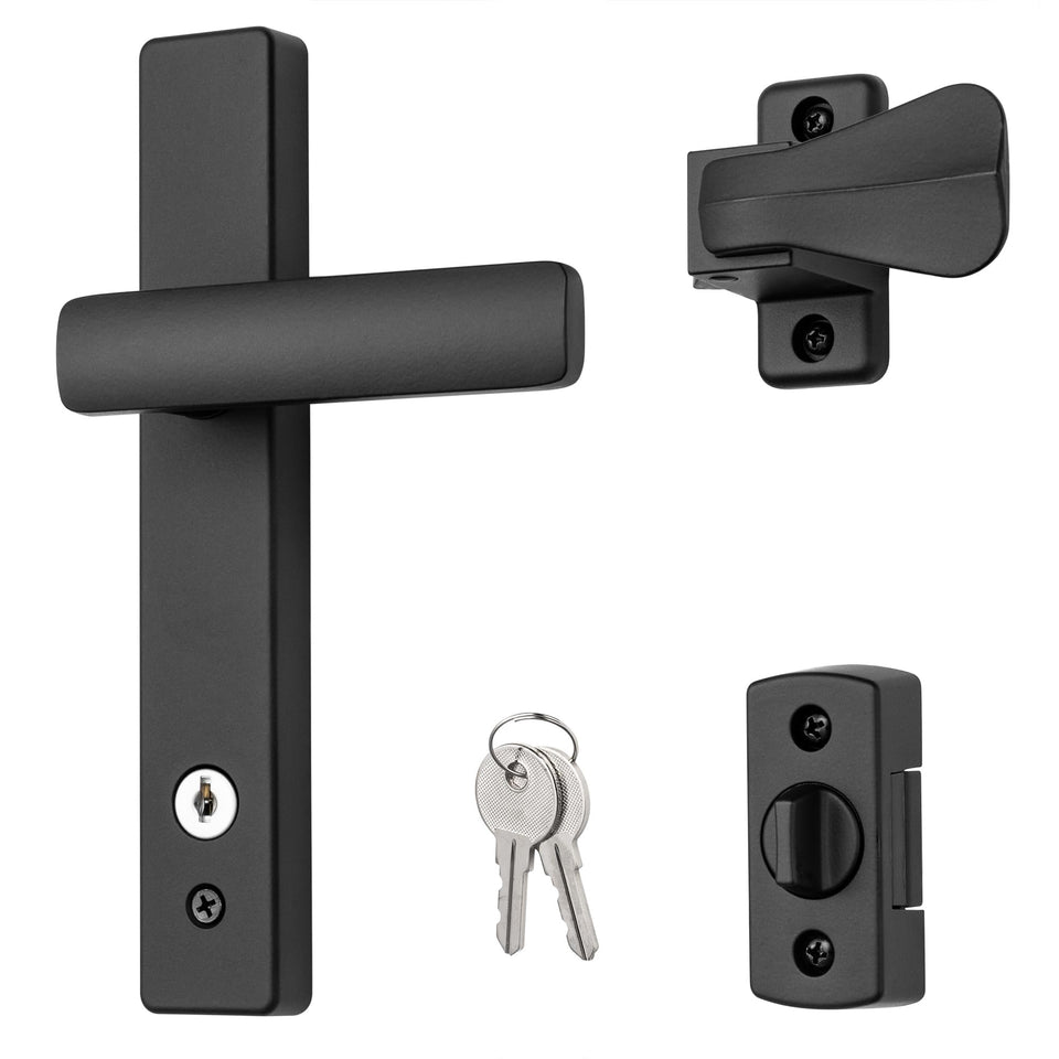 Ideal Security EL15 keyed lever mount latch front view in matte black for durable exterior hardware