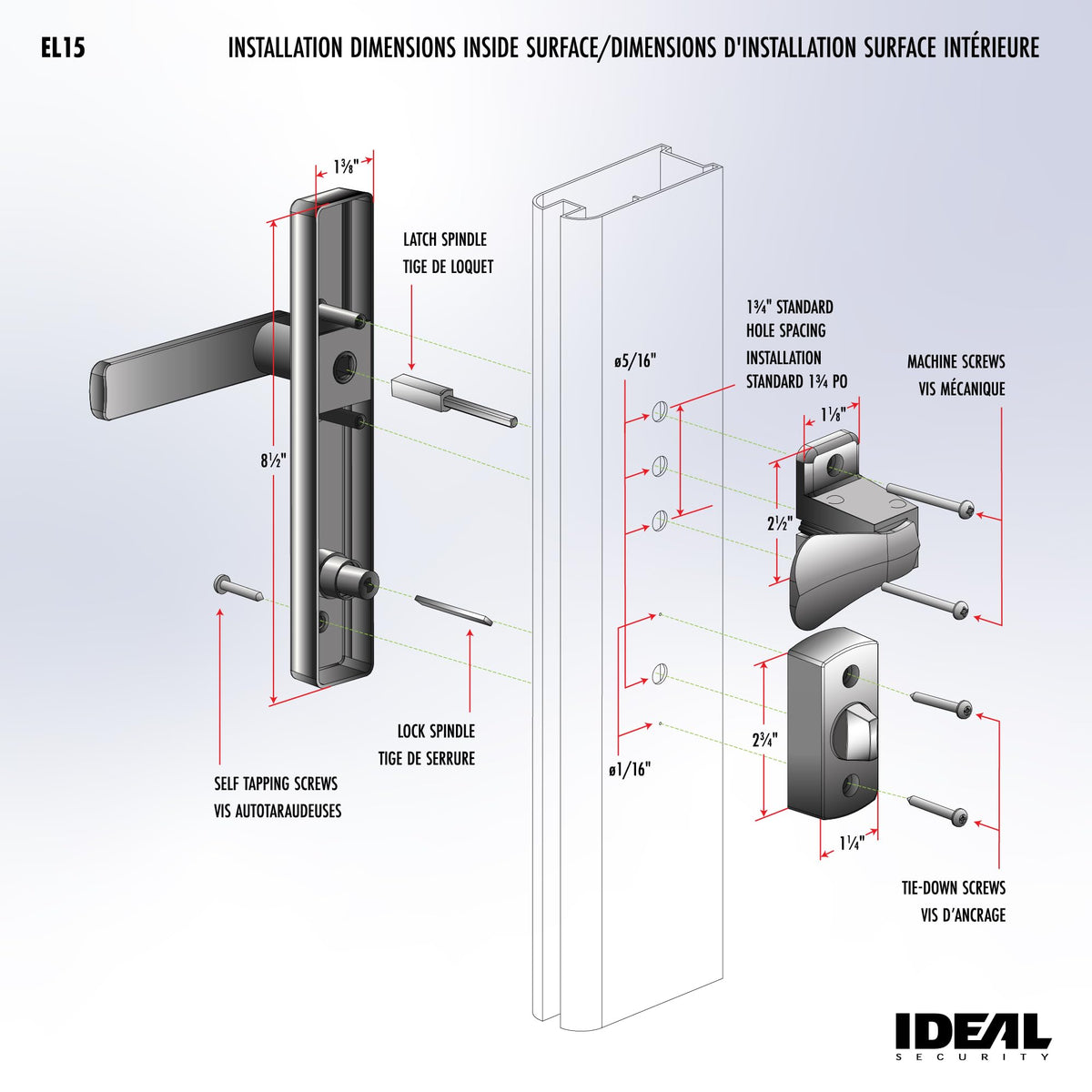 Ideal Security EL15 two-post hardware image demonstrates screw spacing