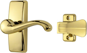 Ideal Security GL lever handle outside view in bright brass for durable curb appeal