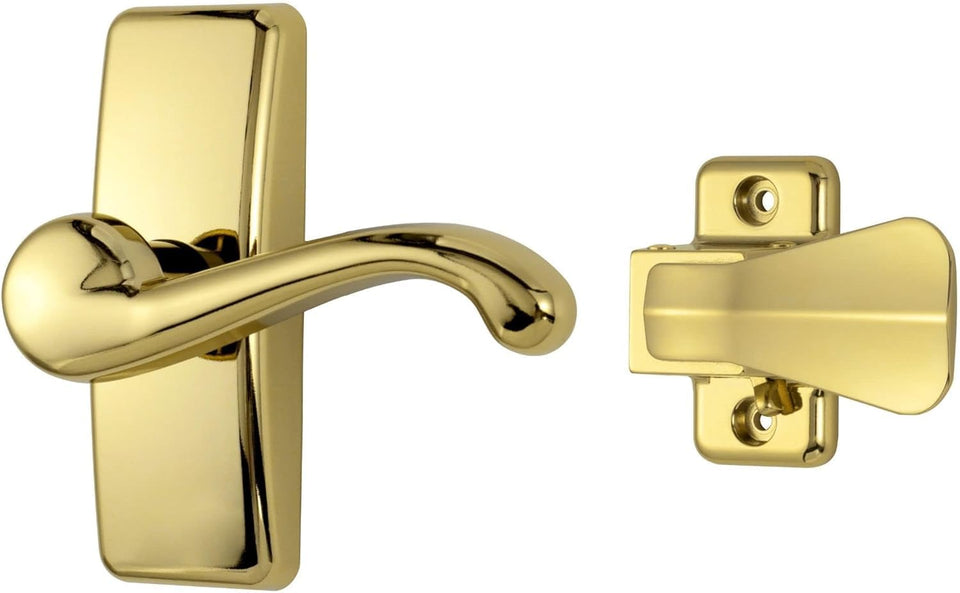 Ideal Security GL lever handle outside view in bright brass for durable curb appeal