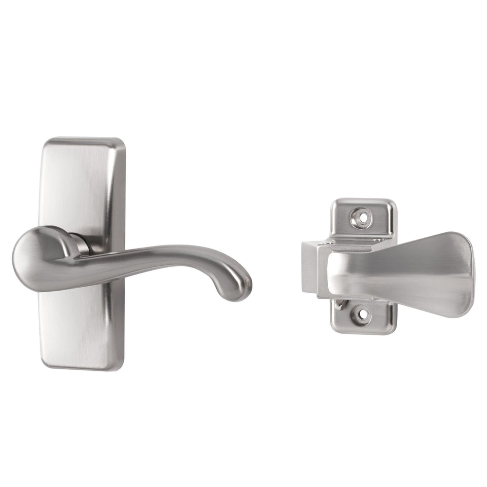 Ideal Security GL lever handle outside view on a storm door for durable curb appeal.