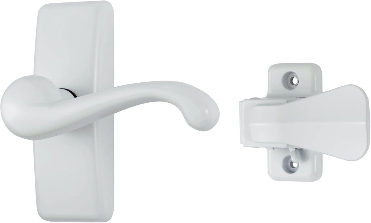 Ideal Security GL lever handle set on outside storm door showcases modern styling and security