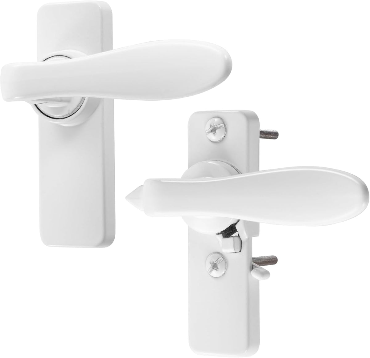 Ideal Security inswing door handle set front view highlighting white finish and surface mount design