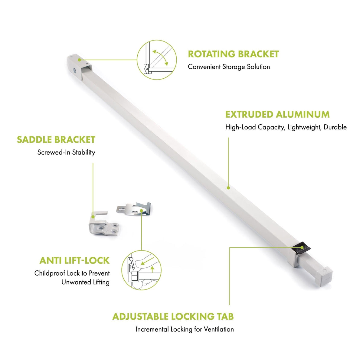 Ideal Security adjustable bar length demonstrates secure ventilation for doors.