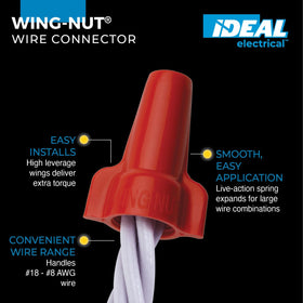 Ideal Wing-Nut accepts 2-18 to 4-10 AWG wires for versatile connections.