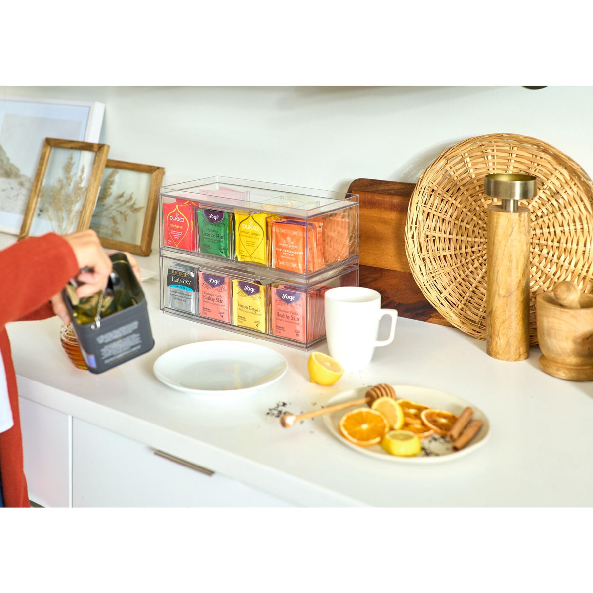 iDesign XL tea bag organizer keeps tea and small items neatly on countertops