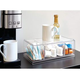 iDesign XL tea bag organizer shows four compartments for organized tea and sweeteners