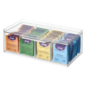 iDesign XL tea bag organizer open drawer with four compartments for easy access