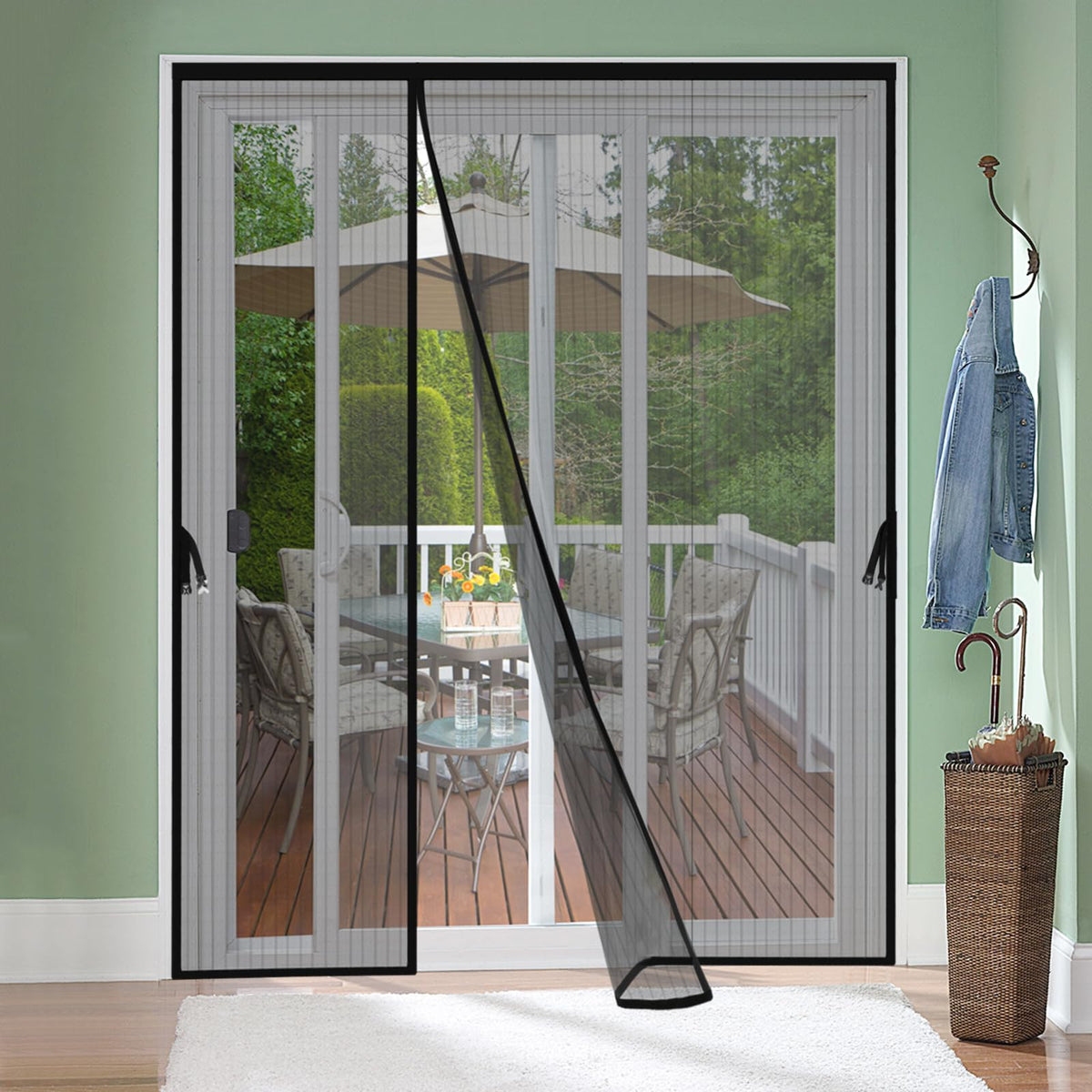 Iduontis reversible screen door for French doors with left-right opening enabling hands-free entry