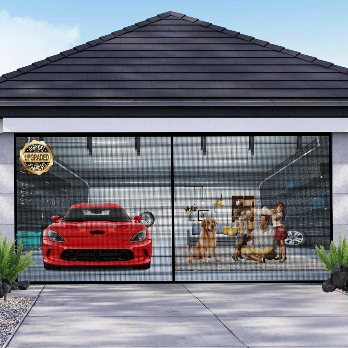Iduontis 18x7ft garage screen with magnetic closure for easy hands-free access