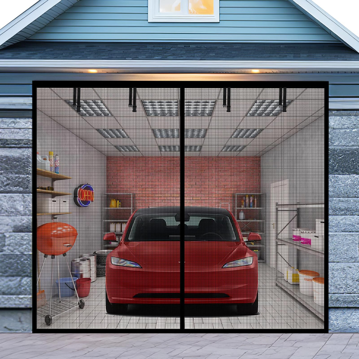 Iduontis garage door screen 9x8ft fully assembled demonstrates easy setup and wide ventilation