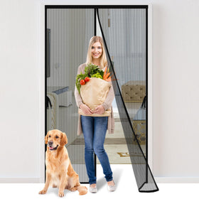 Iduontis magnetic screen door with magnetic-closure for hands-free entry and bug protection.