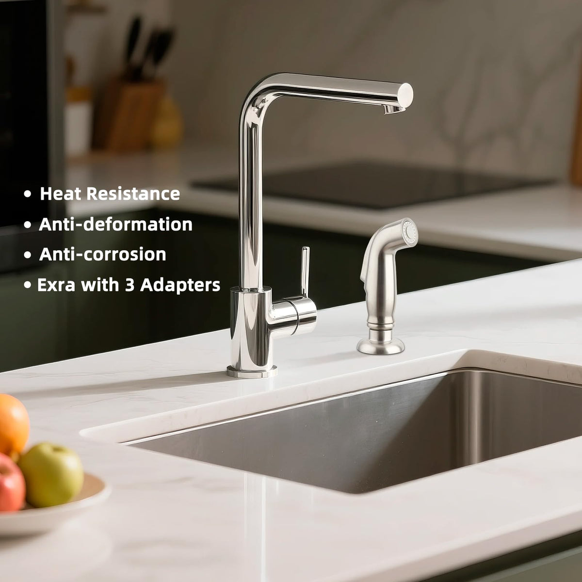 ifealClear brushed nickel finish adds durable, stylish kitchen detail.